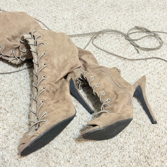 Lace-Up Peep Toe Boots - Taupe - Picture 3 of 9